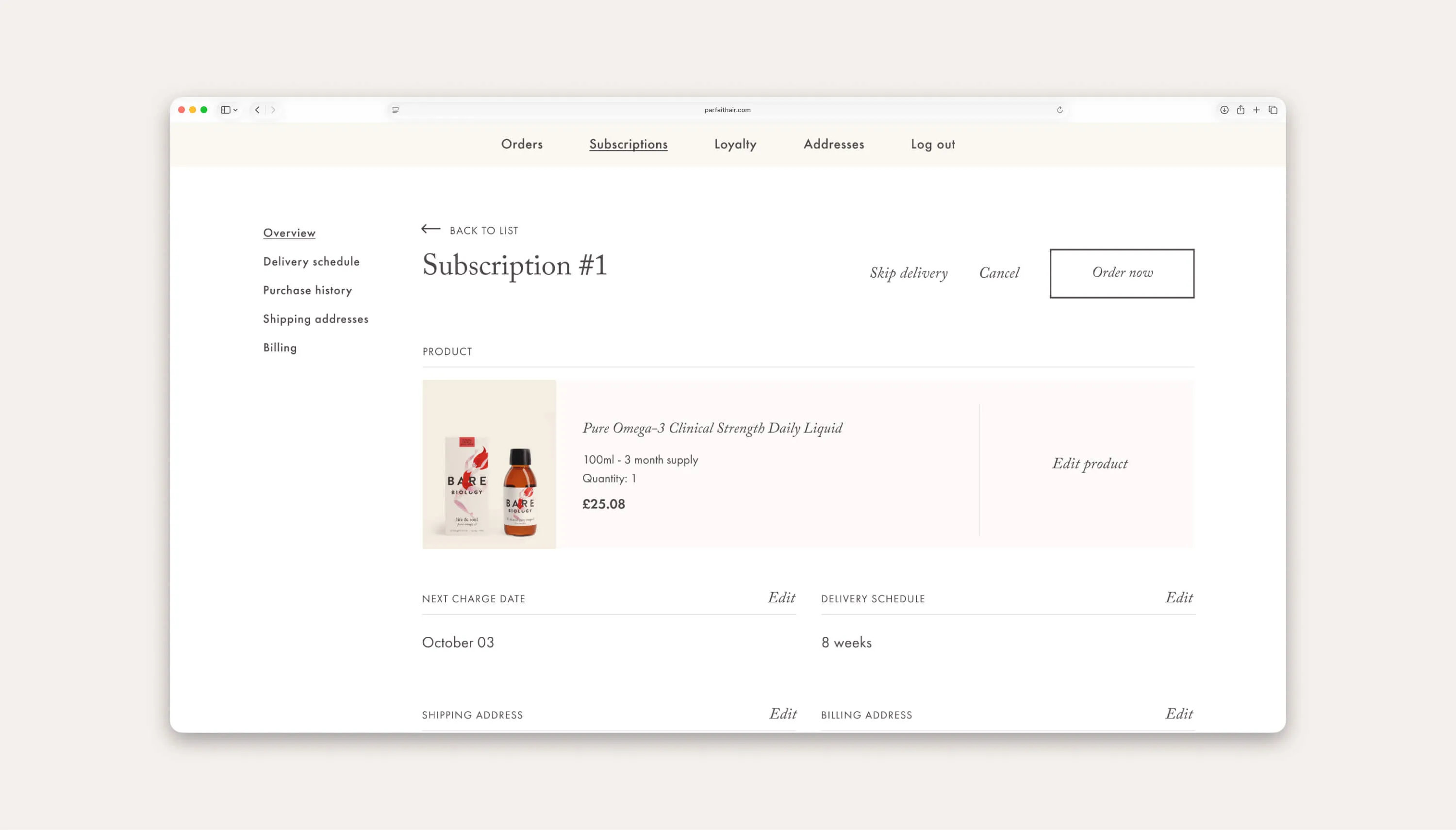 Mock-up of Recharge subscription screen.