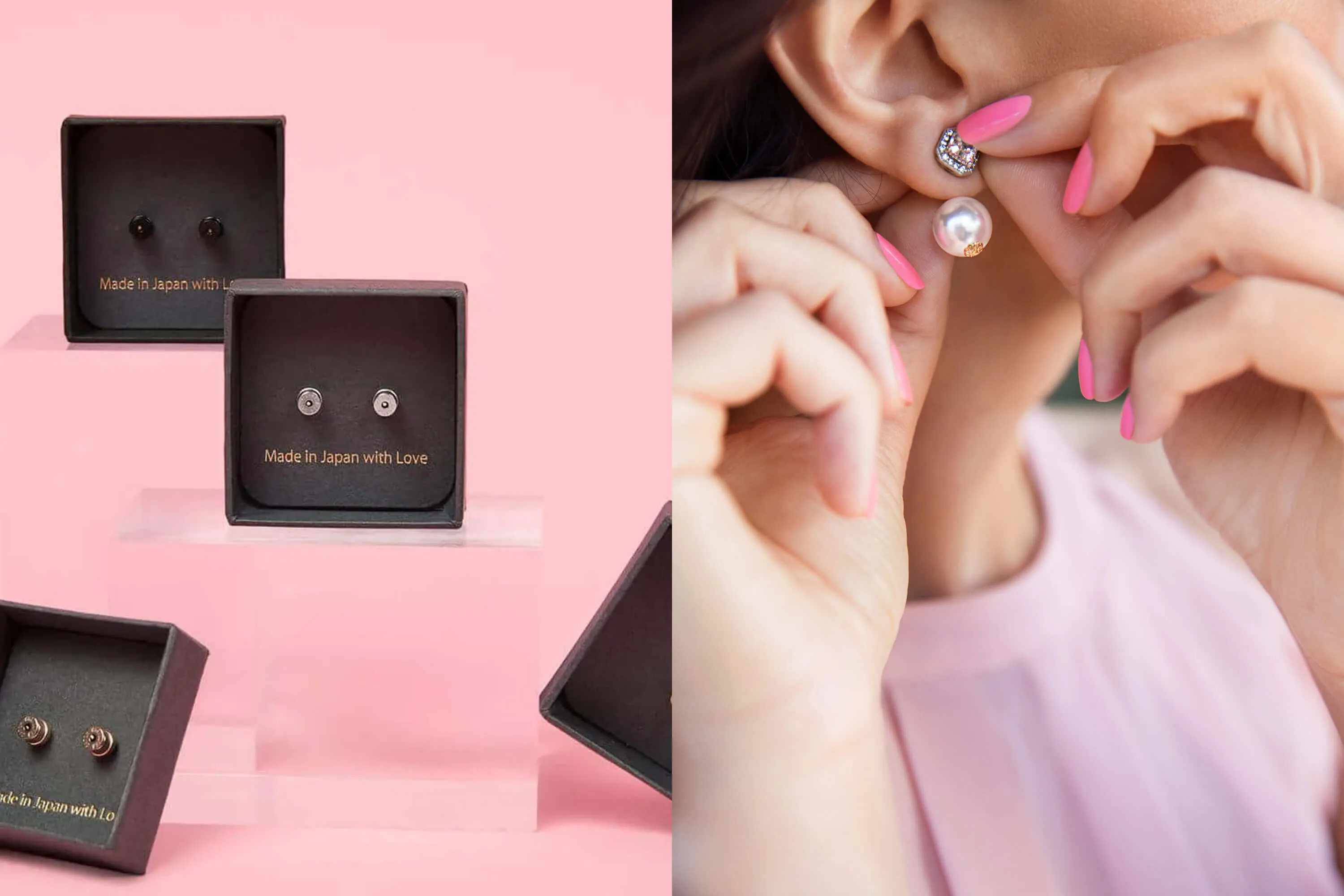 Boxes of Chrysmela earring backs against a pink background, alongside shot of woman adjusting diamond and pearl earrings.