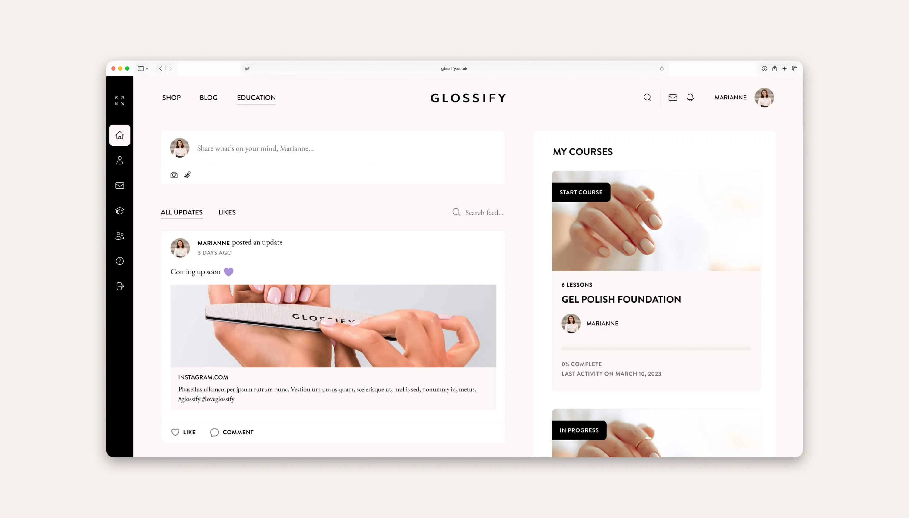 Community mock-up showing comments and course access.