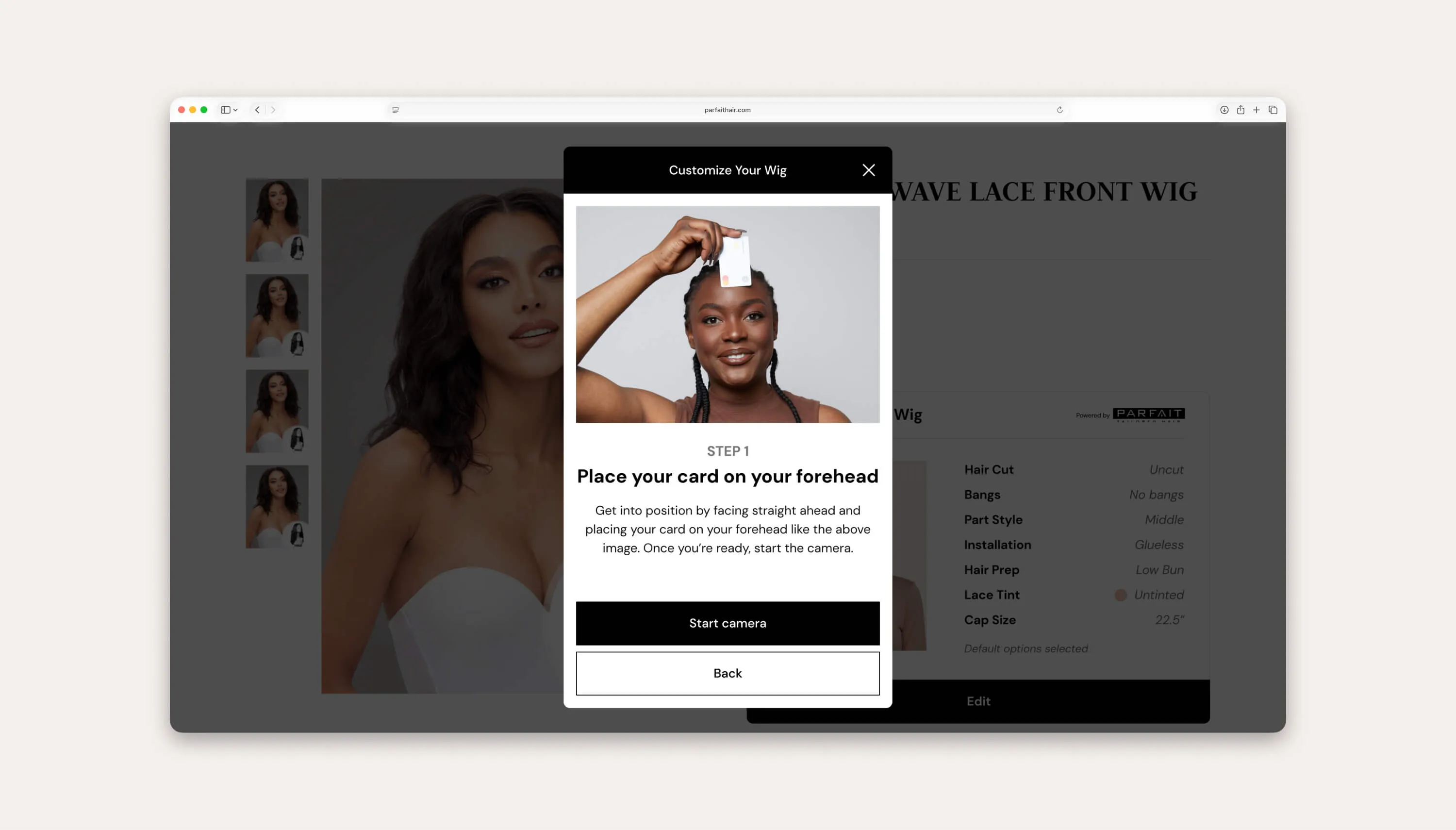 Shopify app mock-up showing the camera step to capture head size. 