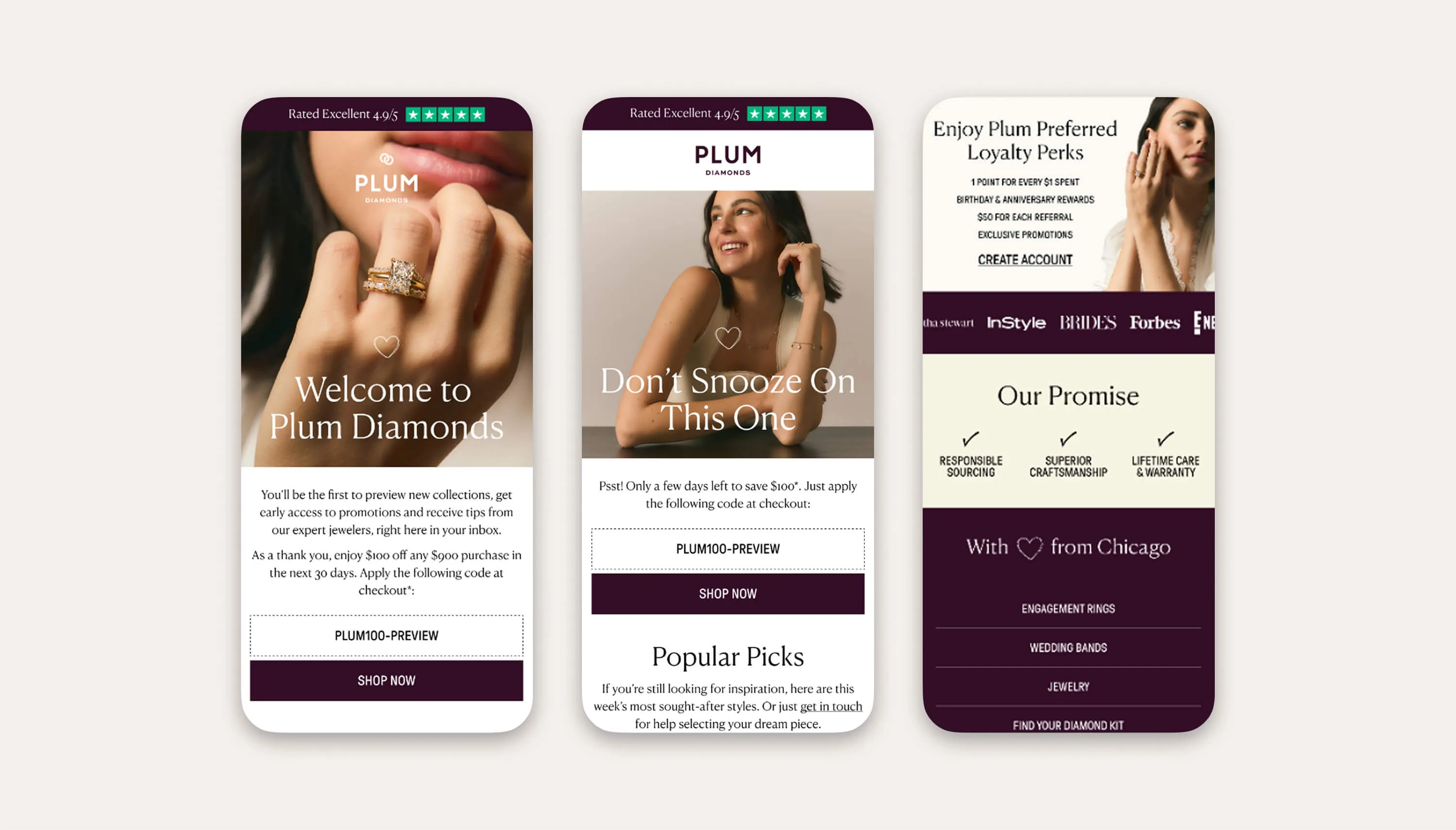 Mock-ups of welcome flow emails on Klaviyo.