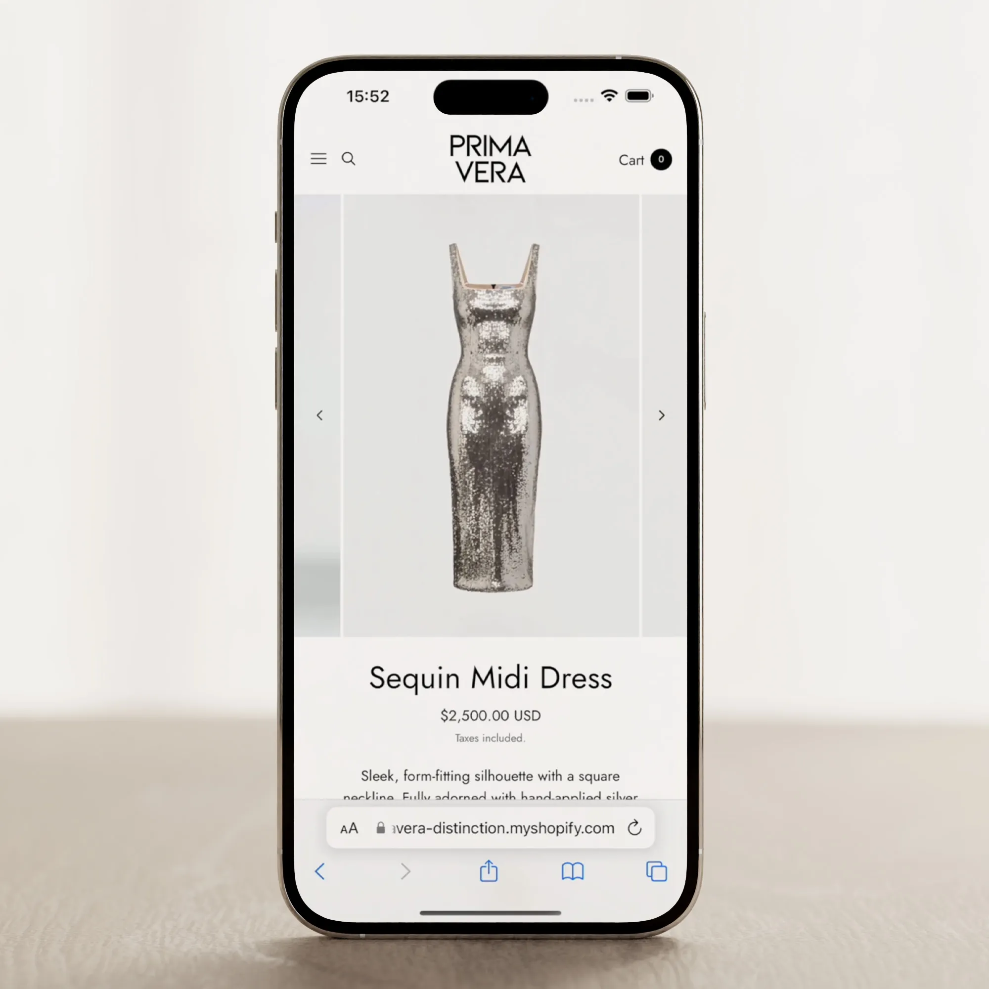 Mock-up of Primavera Shopify Theme on an iPhone