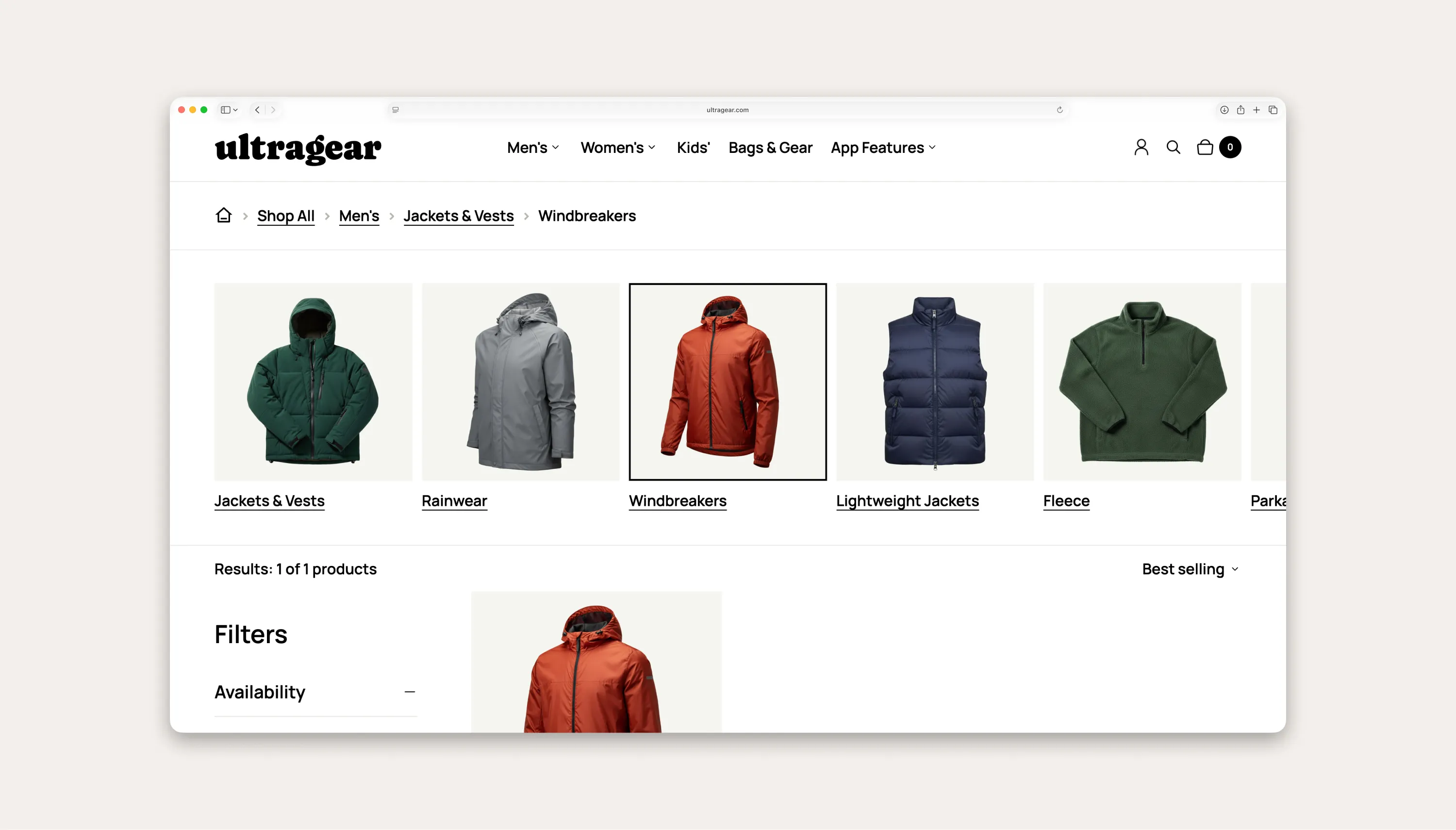 Activewear store demo using subcategories and breadcrumbs using the Ultra Categories & Breadcrumbs app.