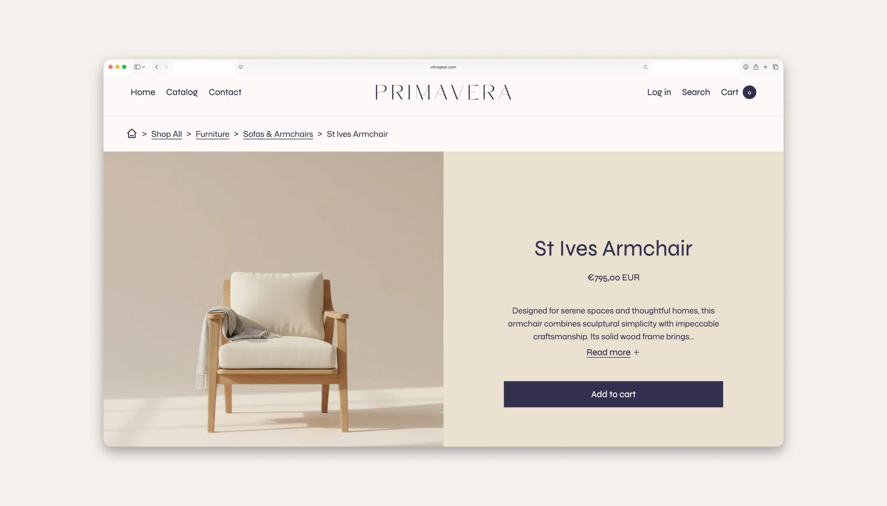 Elegant product breadcrumbs on a high-end homeware store using the Ultra Categories & Breadcrumbs app.