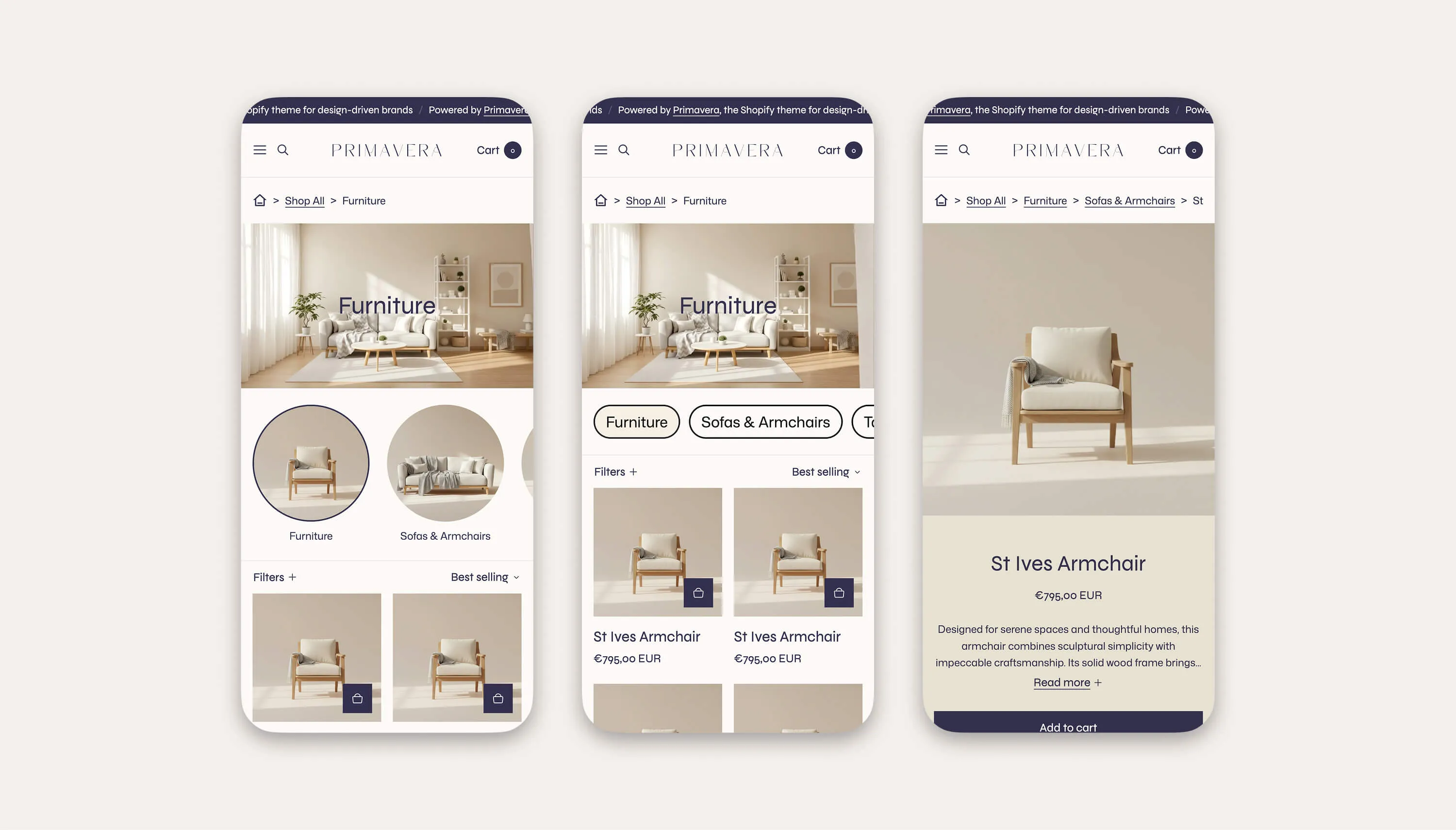 Three mobile screenshots on a premium furniture Shopify store using using the Ultra Categories & Breadcrumbs app.