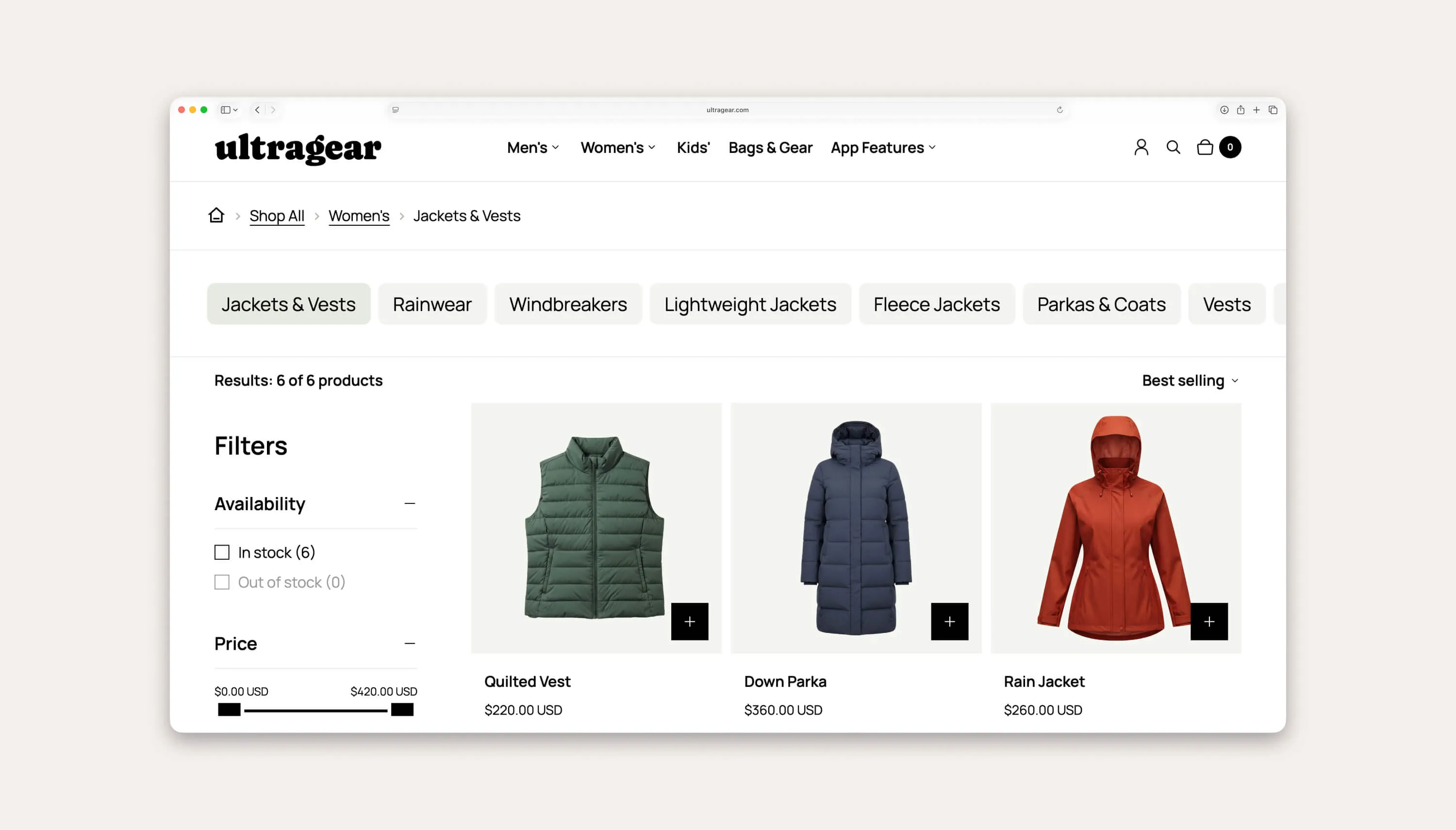 Activewear store demo using the button style for subcategories using the Ultra Categories & Breadcrumbs app.