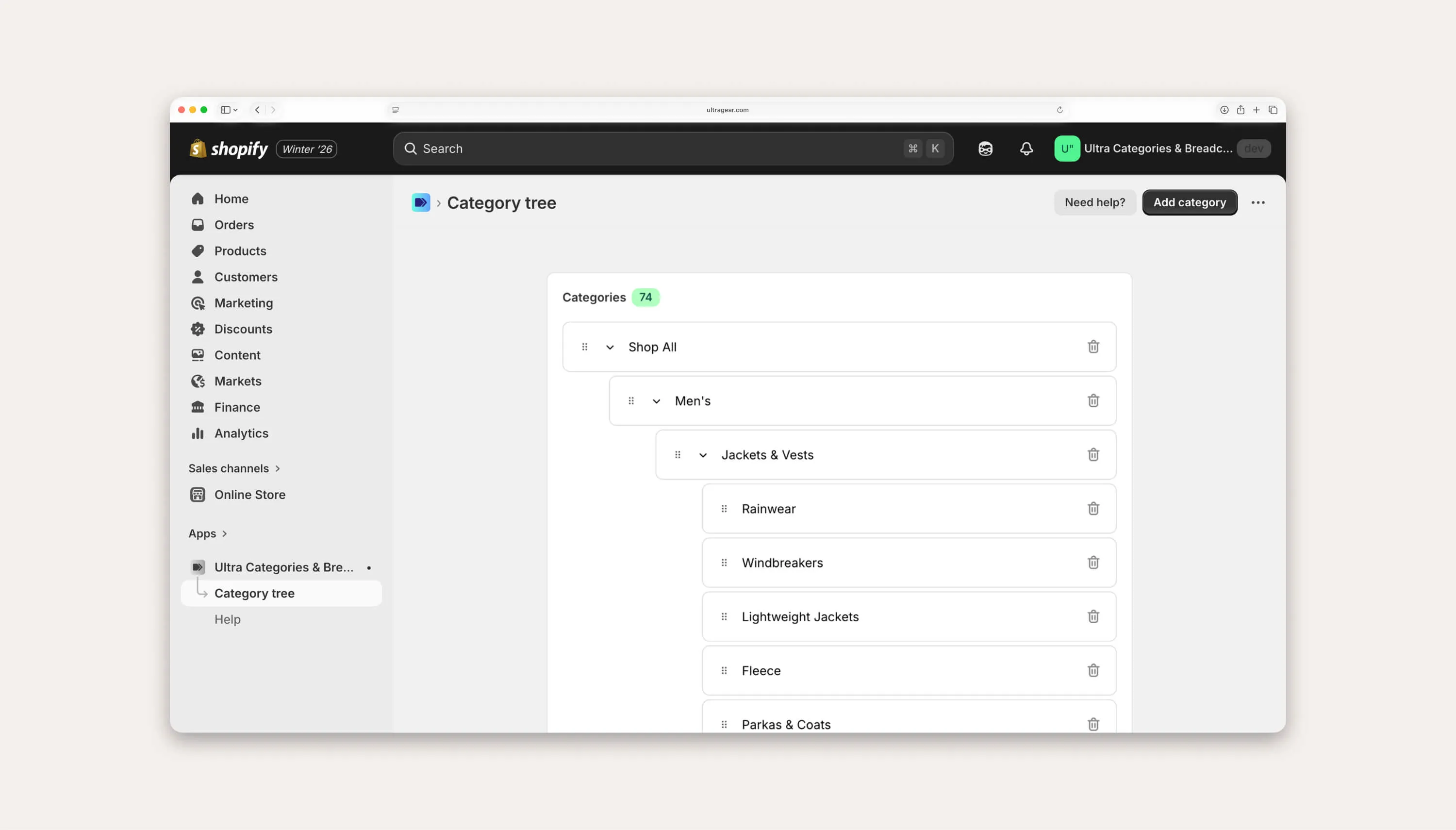 Drag & drop category tree using the Ultra Categories & Breadcrumbs app.