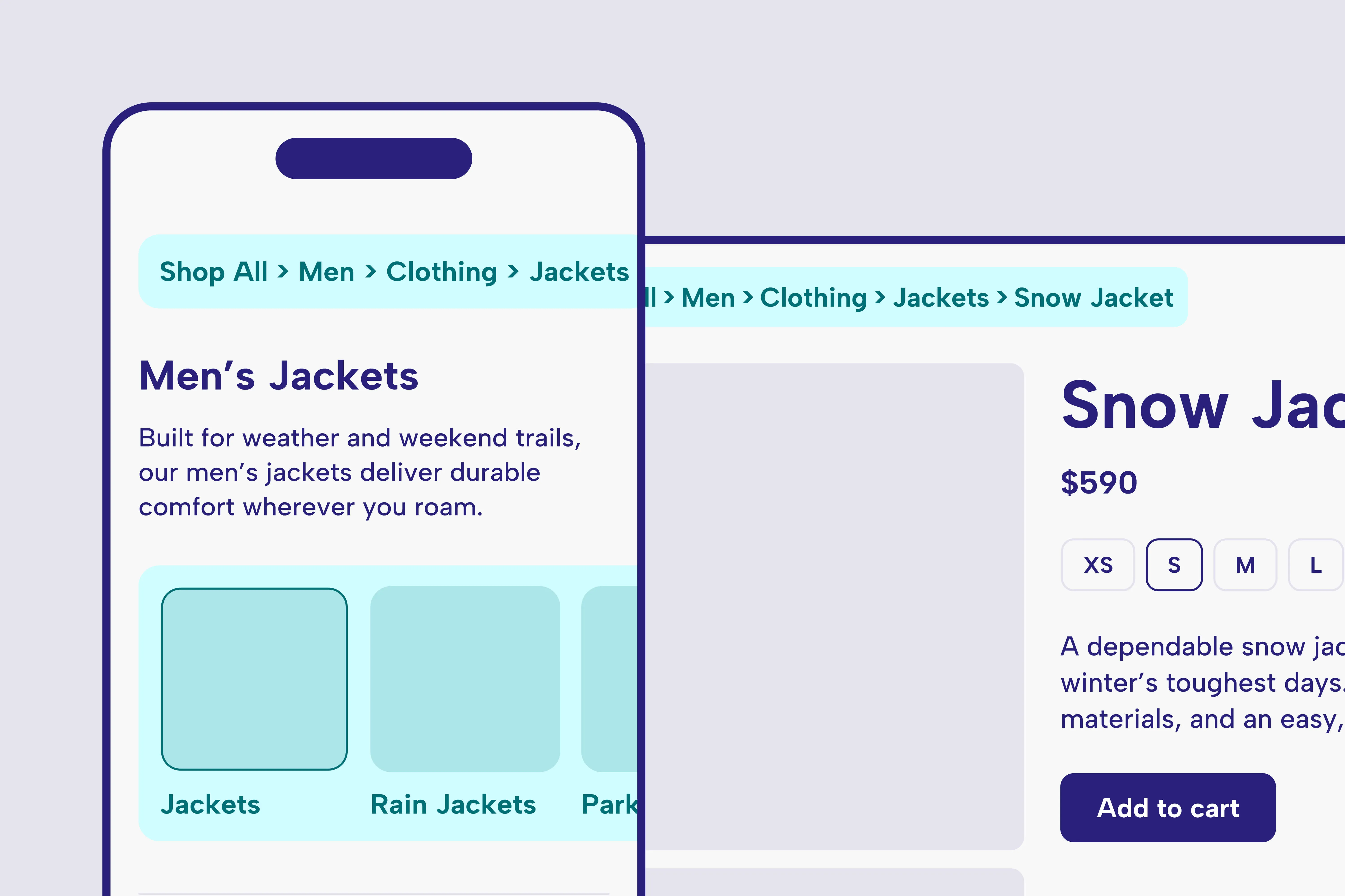 Simple mock-ups of Shopify breadcrumbs and subcollections on a mobile device, against a tablet device.