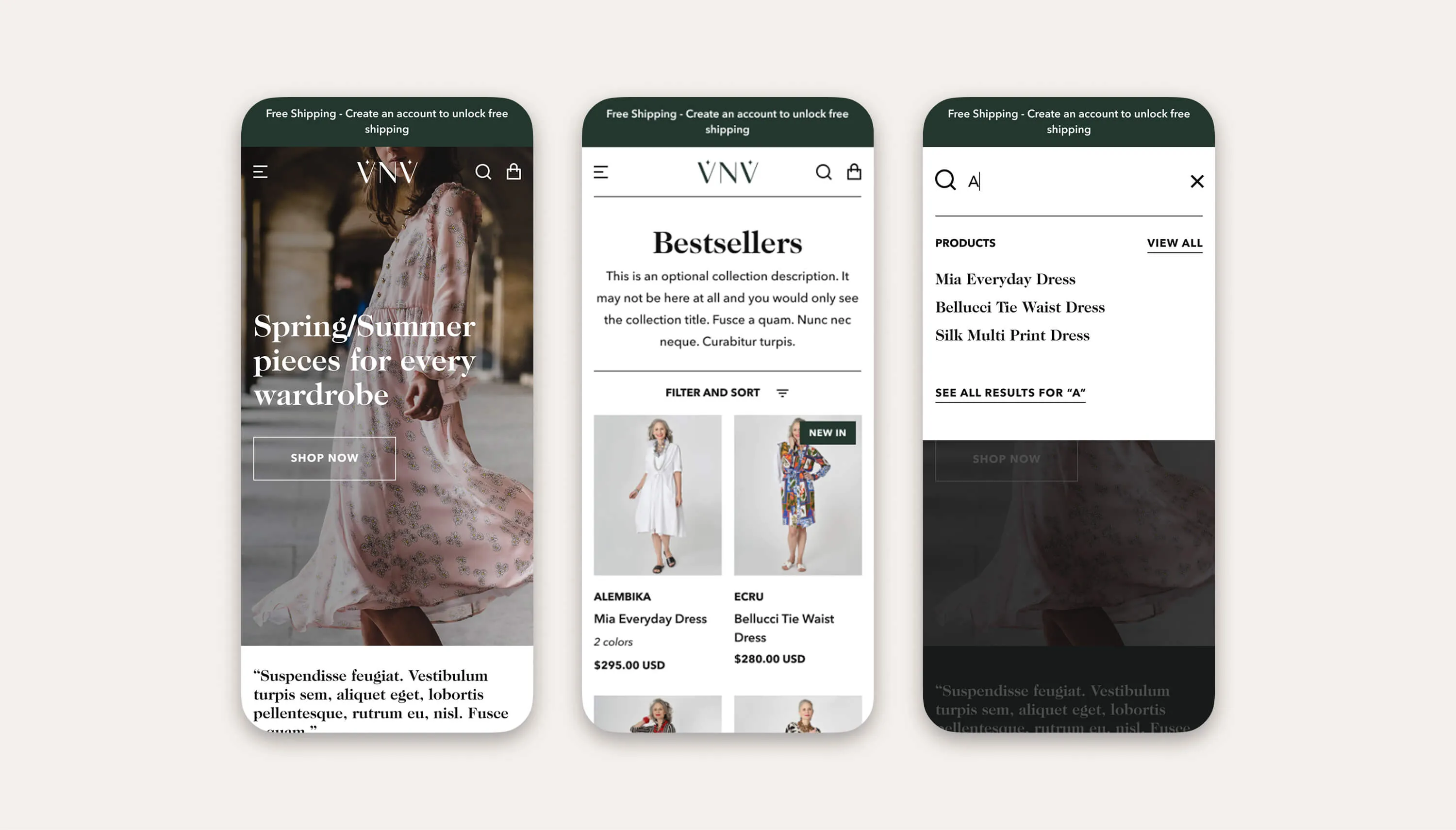 Mobile mock-ups of VNV Shopify store.